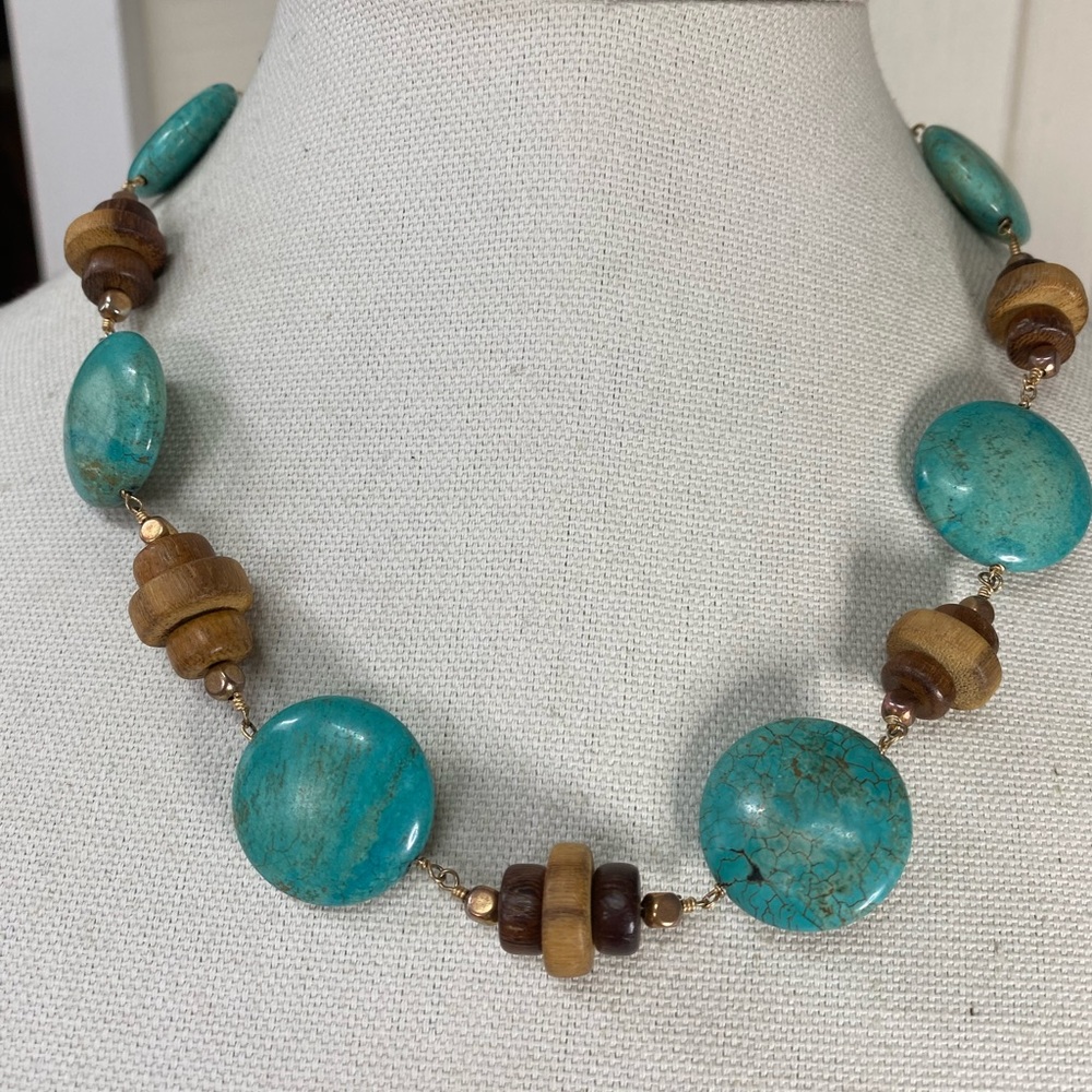 Turquoise and wooden bead artisan necklace